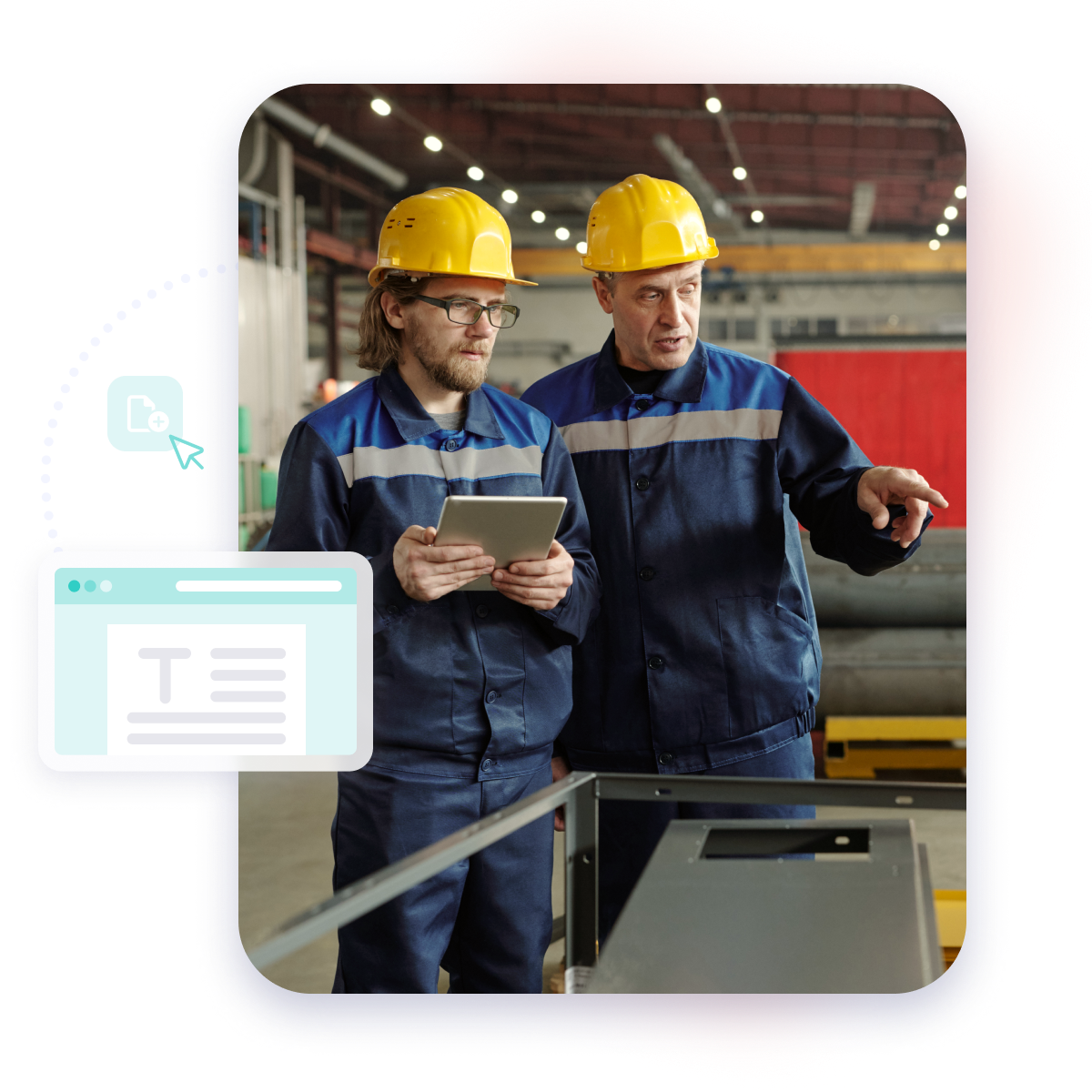 Two working men with security gear in a factory